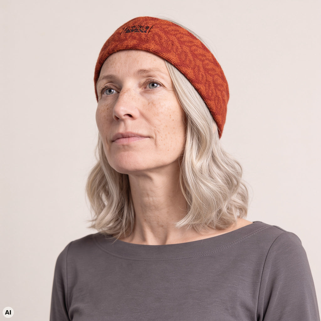 Stirnband orange – Nahaufnahme, mit KI bearbeitet