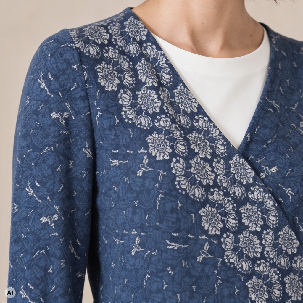 Wickeljacke blau – Detailansicht, mit KI bearbeitet