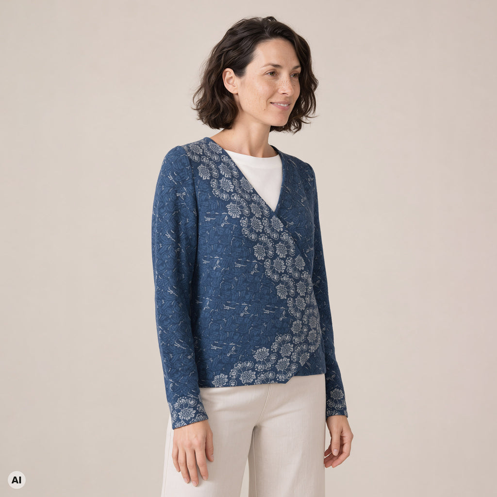 Wickeljacke blau – Vorderansicht, mit KI bearbeitet