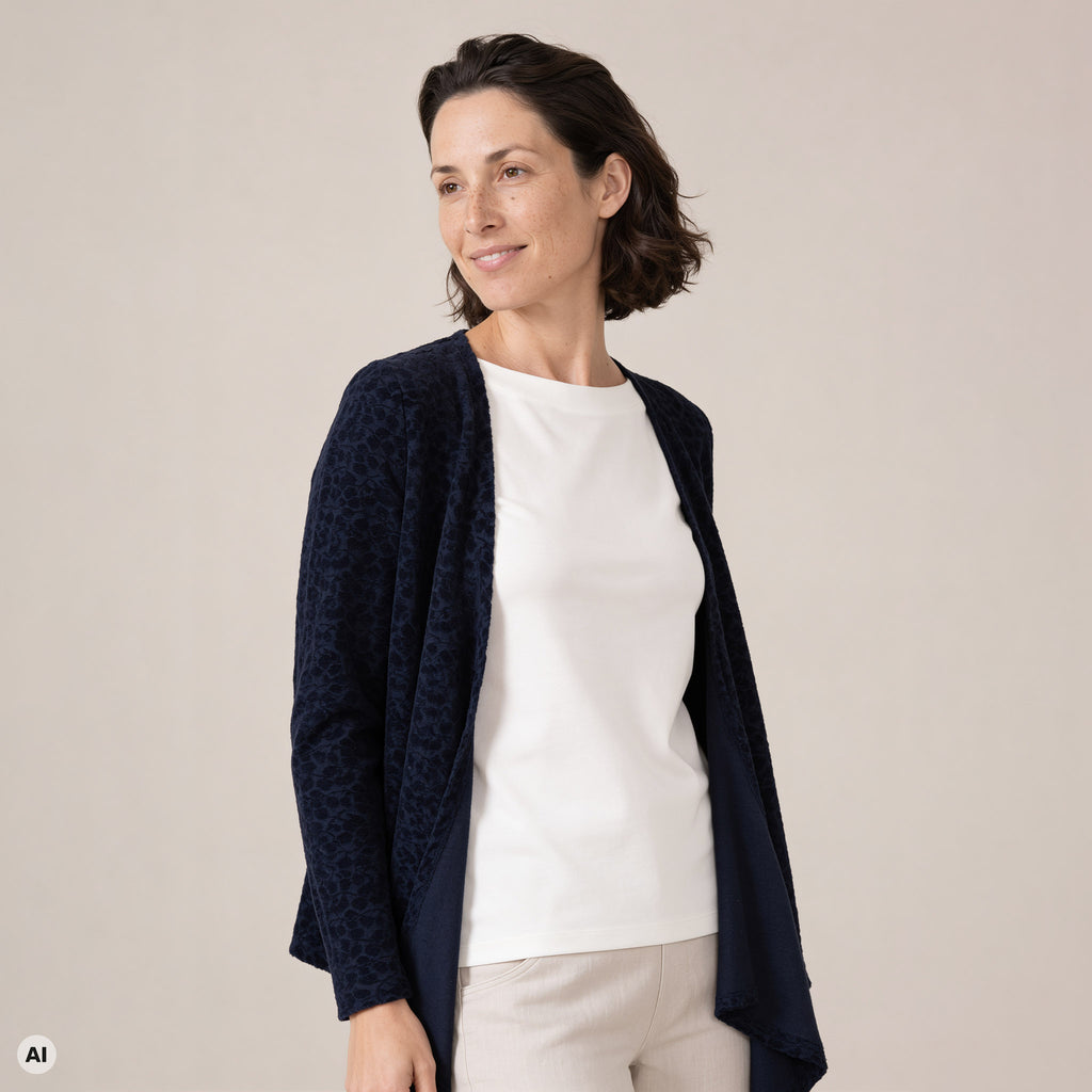 Wickeljacke blau – Vorderansicht, mit KI bearbeitet