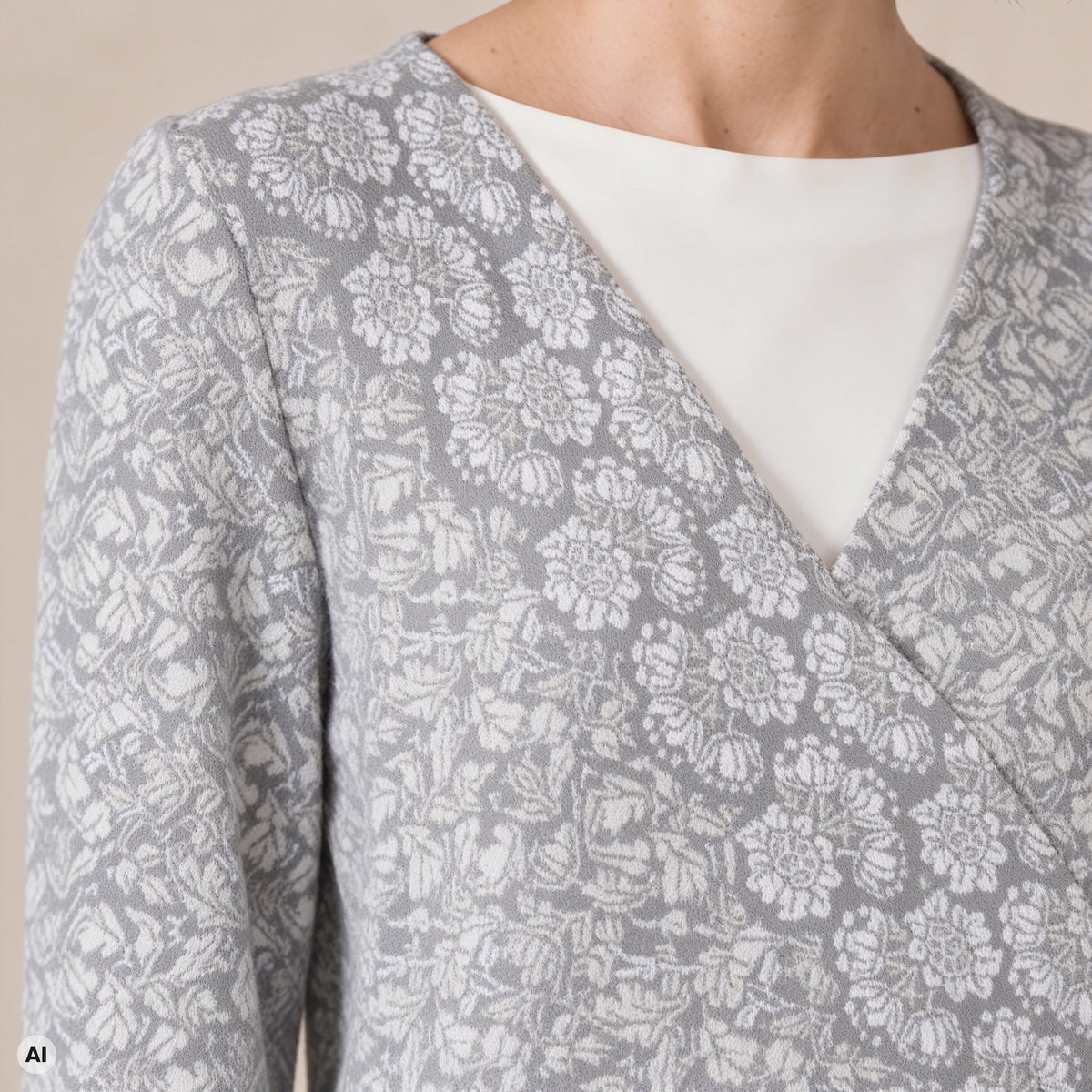 Wickeljacke grau – Detailansicht, mit KI bearbeitet
