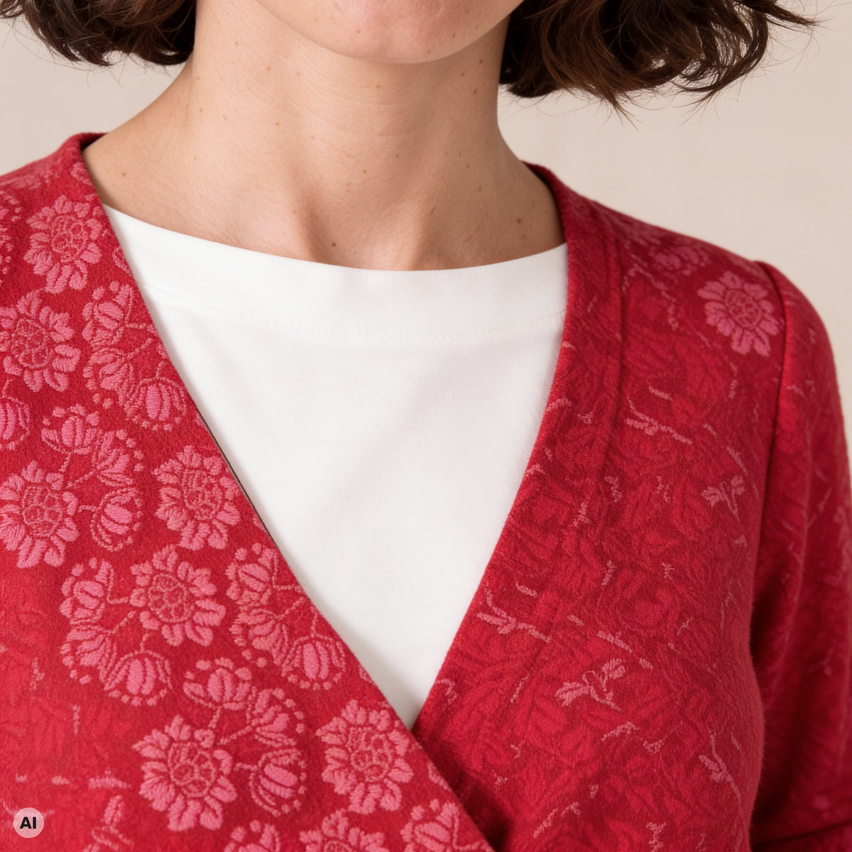 Wickeljacke rot – Detailansicht, mit KI bearbeitet