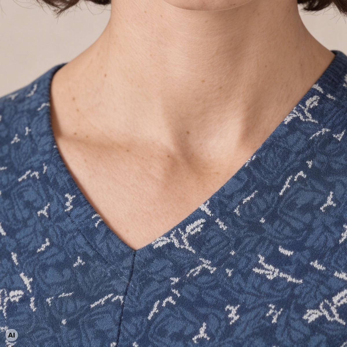 Zipfelpullover blau – Detailansicht, mit KI bearbeitet