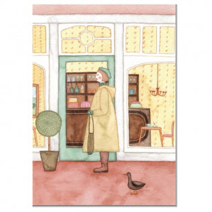 Postkarte – Frau vor Café